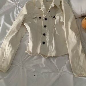 Cream Jean Jacket with Tailored Fit and Stand-Up Collar
